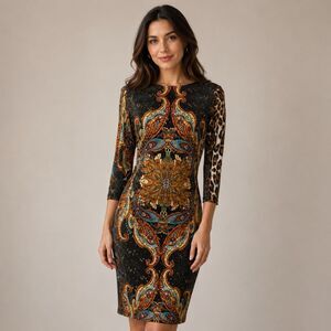 Joseph Ribkoff Boho Paisley Dress 12 Leopard Maximalist Artsy Party Statement